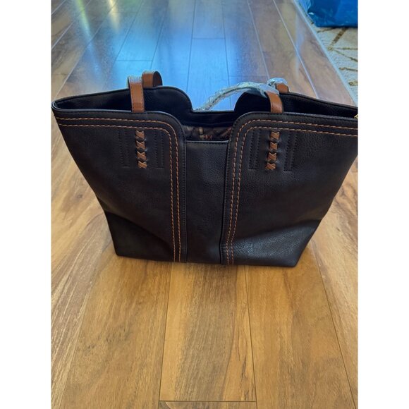 Montana West Brown Faux Leather Tote Bag With Decorative Stitching NWOT - Picture 2 of 8